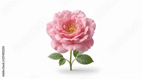 Pink peony flower with green leaves on white background