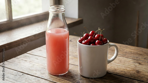 Fresh pink juice bottle and cherry mug on wood.