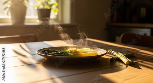 Steaming Hot Dish on Wooden Table