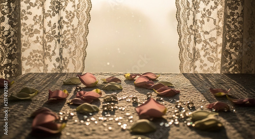 Scattered Rose Petals on Lace Tablecloth with Soft Light