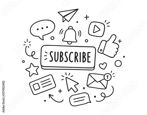 Hand drawn doodle subscribe icon set with social media symbols, bell, paperplane, thumbs up, speech bubbles, stars, hearts, cursor arrow, and playful notification accents