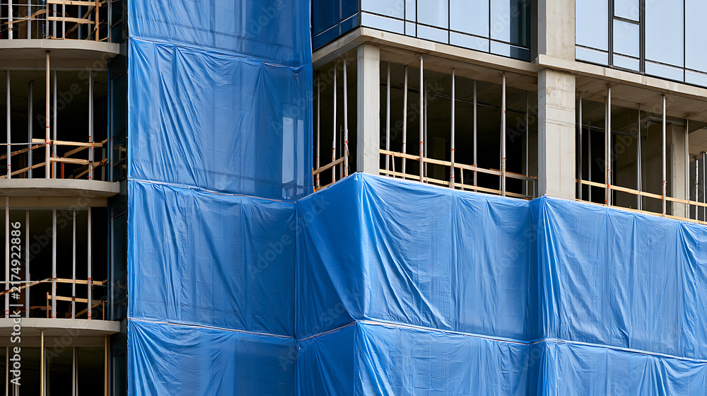 Naklejka premium Modern skyscraper structure under construction with temporary blue protective plastic tarp covering the facade and exposed concrete and metal columns