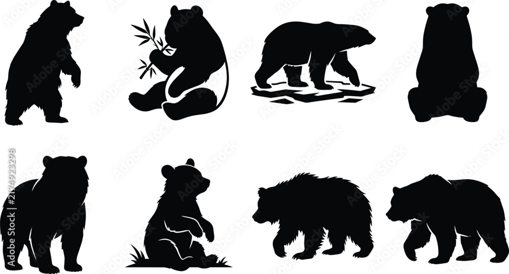 Fototapeta premium Bear Silhouette Vector Set Black Icons Various Poses Wildlife Collection