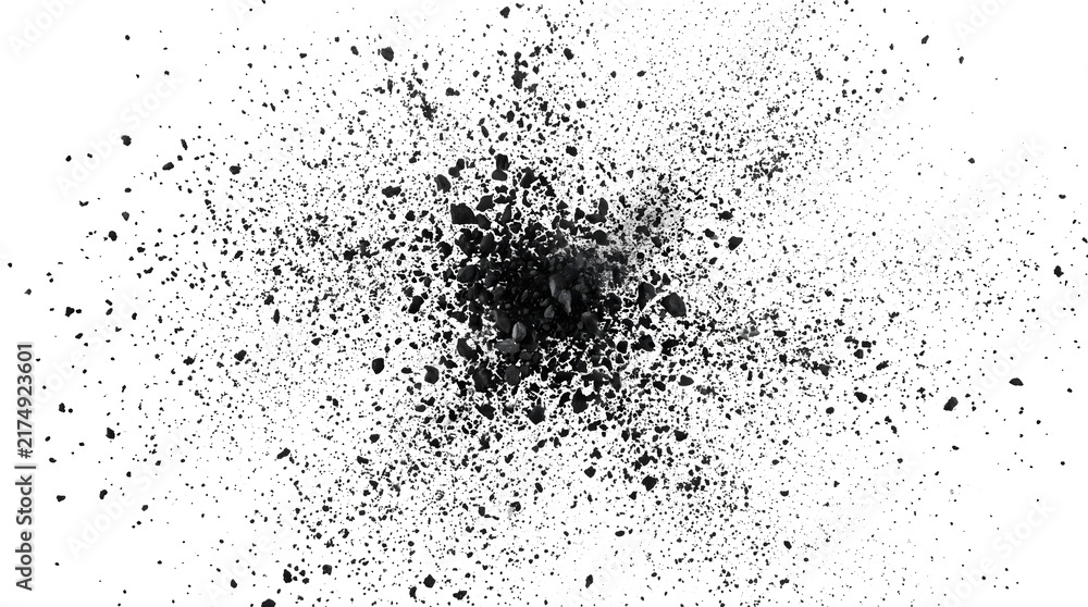 Obraz premium Black charcoal debris exploding into scattered particles and fragments for dramatic texture design use with PNG, Transparent and Black Background Versions