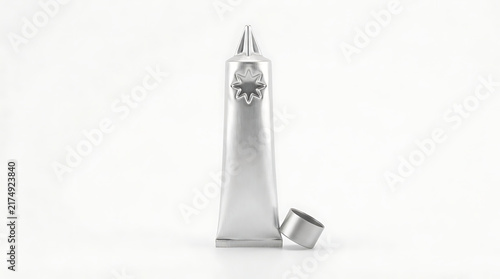 Minimalist silver clock mockup with product packaging on white background