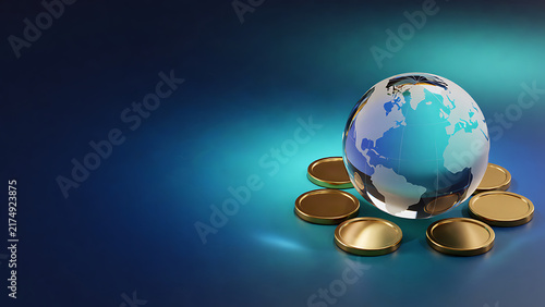 Glowing gold coins surrounding a 3D globe with futuristic financial concept lighting