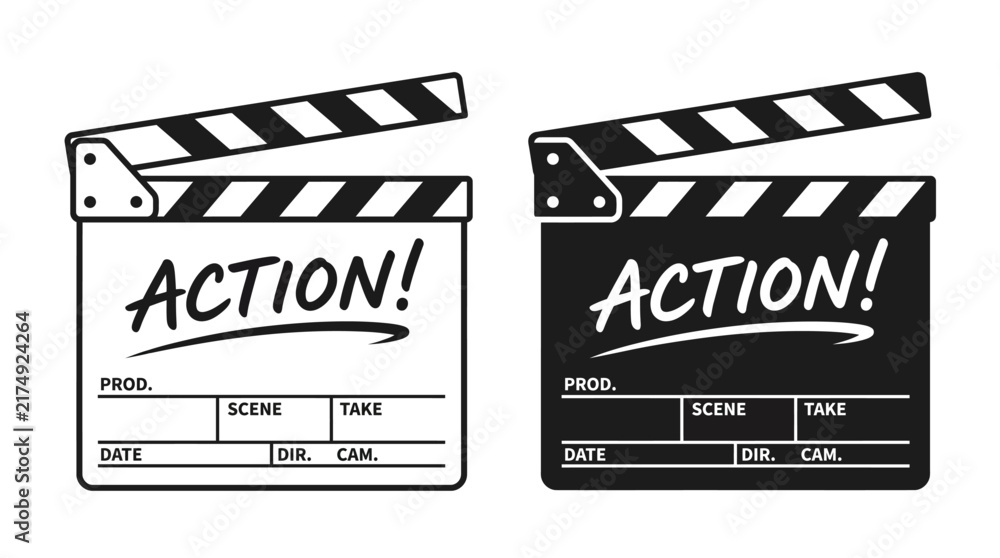 Naklejka premium Two film clapperboards with action text on white background