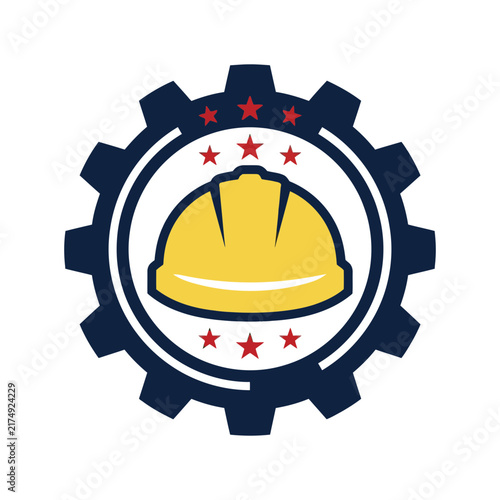 Safety hard hat icon centered in industrial gear frame with red stars for site security.
