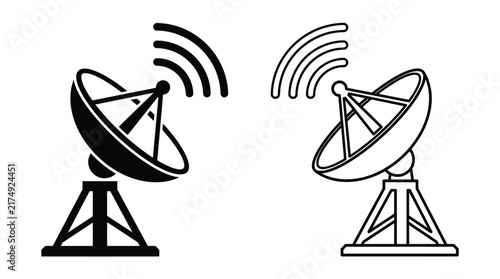 Quadro su tela Two satellite dish icons with radio signal waves on white background
