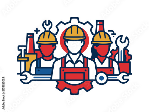 Team of construction workers with hard hats and tools behind a gear.