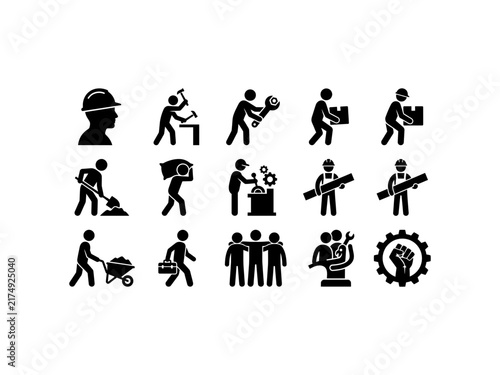 Worker icons and symbols representing industry, labor, and professional services.