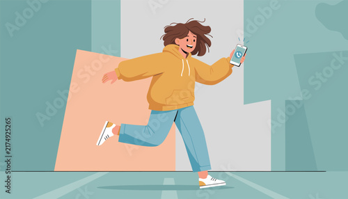Energetic young woman running outside while holding a smartphone and looking at the screen with an excited expression on her face.