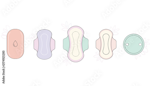 Assortment of various feminine hygiene sanitary pads in different sizes and pastel colors arranged in a row to show variety and choice.