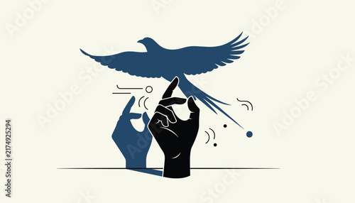 Abstract illustration of a human hand interacting with a bird silhouette against a neutral background showing themes of connection.