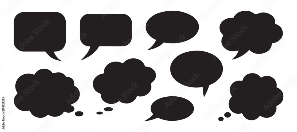 Fototapeta premium Various black speech bubble icons comprising rectangular and cloud shapes for diverse digital communication.