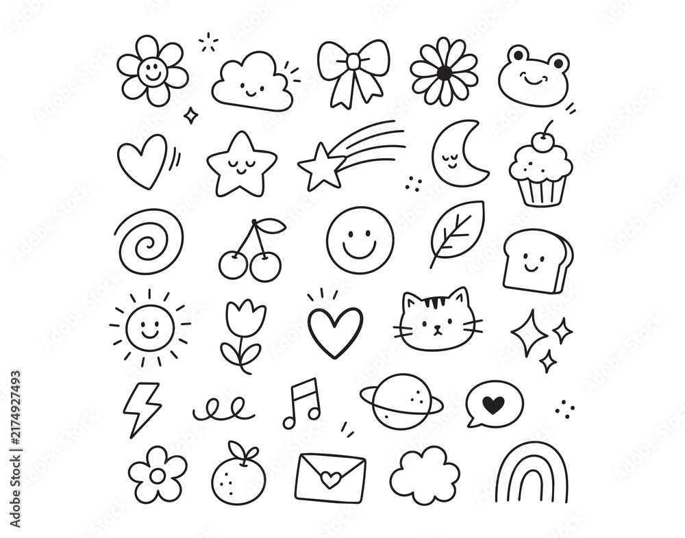 Fototapeta premium Hand drawn doodle outline icon set with smiling sun, cloud, moon, stars, hearts, flowers, cupcake, cat, cherry, leaf, bread and decorative shapes for playful layouts
