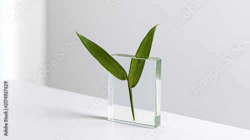 Minimalist composition featuring a green bamboo leaf, scientifically known as Bambusa vulgaris, placed neatly inside a clear glass block
