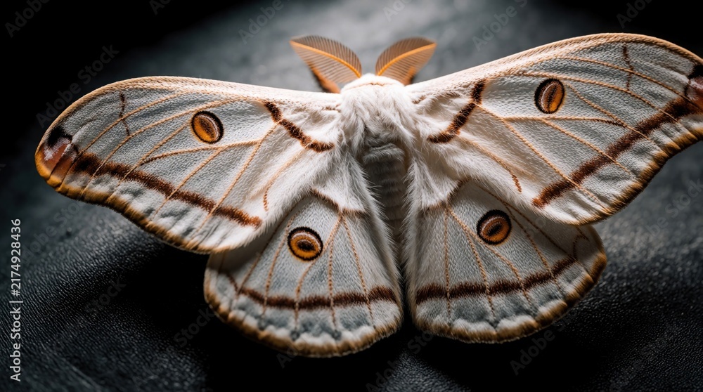 Naklejka premium Macro view of a white moth with intricate brown patterns on its wings. The fuzzy insect shows detailed texture and eye spots resting on a dark surface.