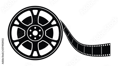 Black and white illustration of a film reel with unspooled film strip