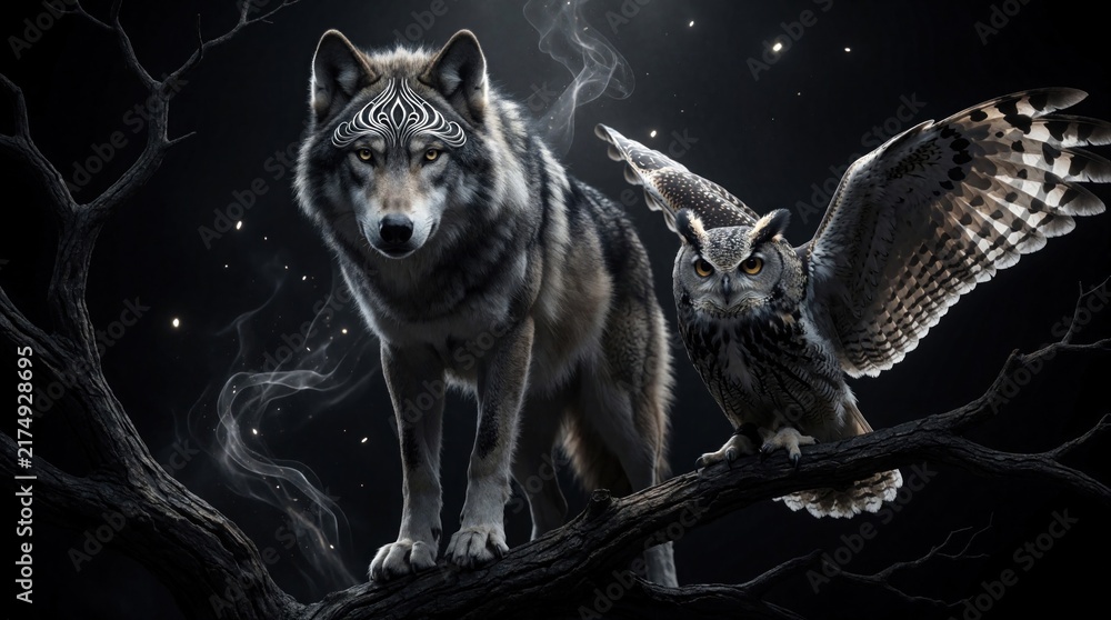 Naklejka premium Wolf and owl rest on tree branch at night. Mystical smoke wisps around wild animals. Dark forest background with subtle light sparks during dark moonlit hours.