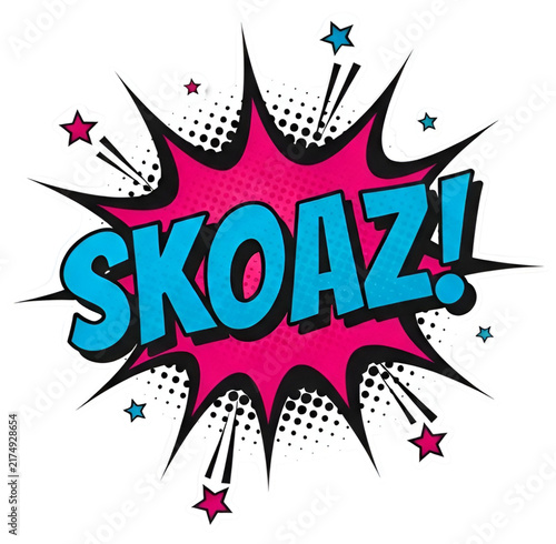 Retro comic book explosion with SKOAZ text, vintage pop art speech bubble, vibrant pink and blue halftone sound effect isolated on Transparent Background