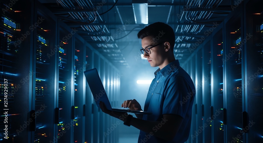 Fototapeta premium Young IT engineer working on a laptop inside a dark server room, side view, dramatic cinematic blue lighting, professional technical corporate style