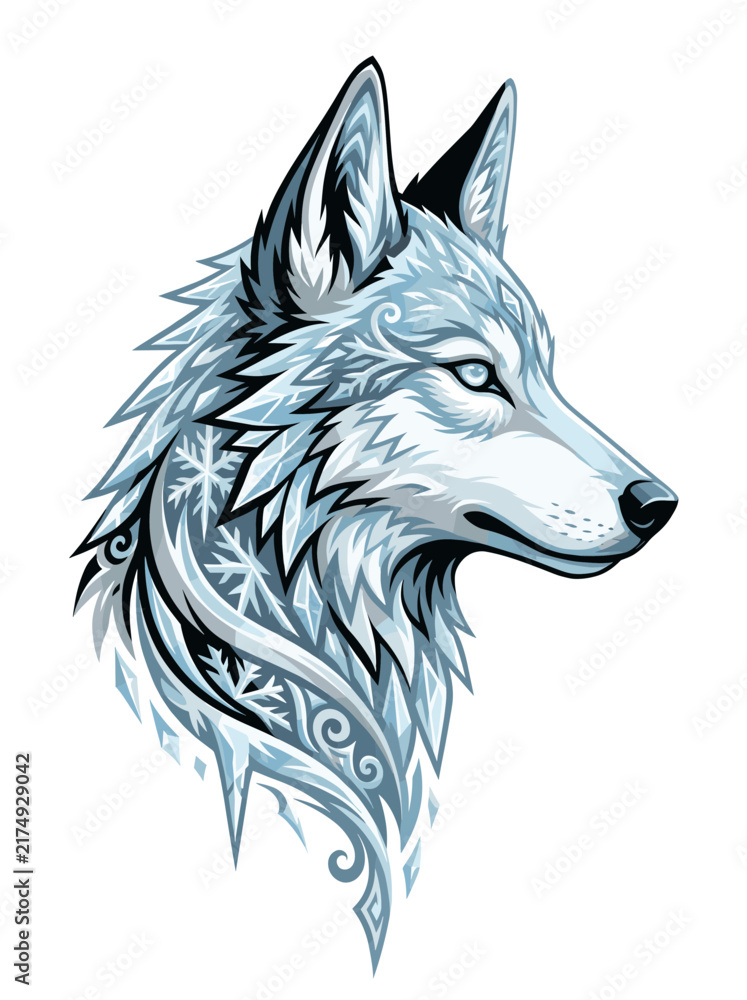 Fototapeta premium Frostbitten Silver Wolf Profile Embellished With Carved Snowflake Filigree Jagged Icicles Spectral Winter Totem Tattoo Vinyl Sticker 
