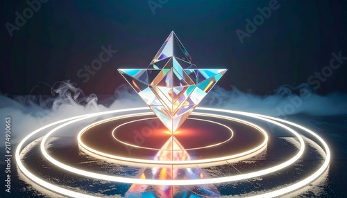 Brilliant Geometric Success Symbol With Luminous Energy Rings and Mist, Futuristic Achievement Concept
