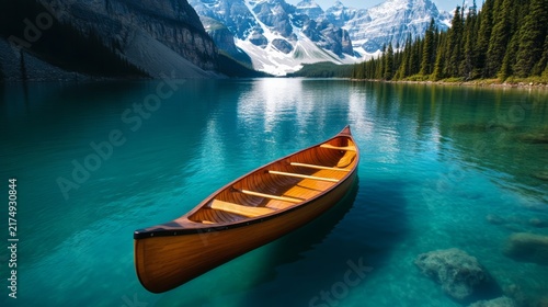 Canoe on Tranquil Lake: A solitary wooden canoe drifts serenely on the crystal-clear, turquoise waters of a glacial lake, framed by majestic snow-capped mountains and a dense evergreen forest.