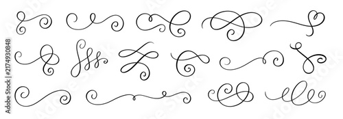Hand drawn calligraphic text divider set with vintage flourish swirls.