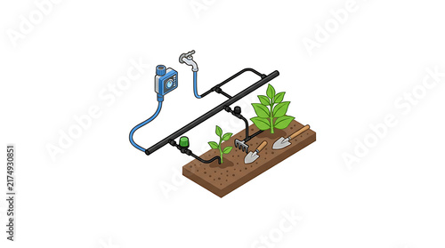 Isometric illustration of a drip irrigation system with gardening tools for small plant watering with bed alongside gardening