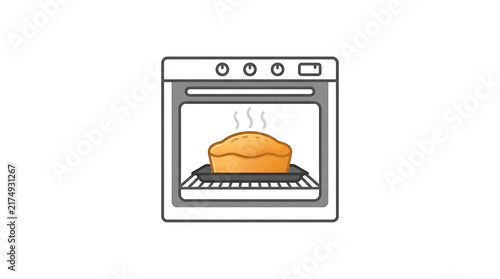 A freshly baked golden cake rising inside a modern kitchen oven on a metal tray with visible steam rising