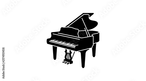 Grand piano silhouette illustration with open lid and keys on white background with black grand entertainment