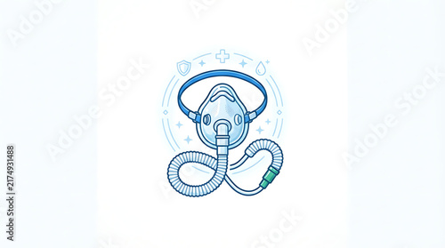 A medical oxygen mask illustration featuring hygiene symbols on a simple light blue background with representing health hygiene