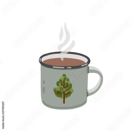 Travel enamel mug with hot coffee and steam. Camping cup with tree print. Adventure lifestyle graphic element. Isolated flat vector clipart. Symbol of escape from the bustle of the city