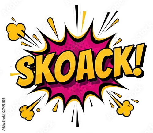 Retro comic book sound effect SKOACK, vintage pop art speech bubble, vibrant yellow and pink explosion graphic isolated on Transparent Background