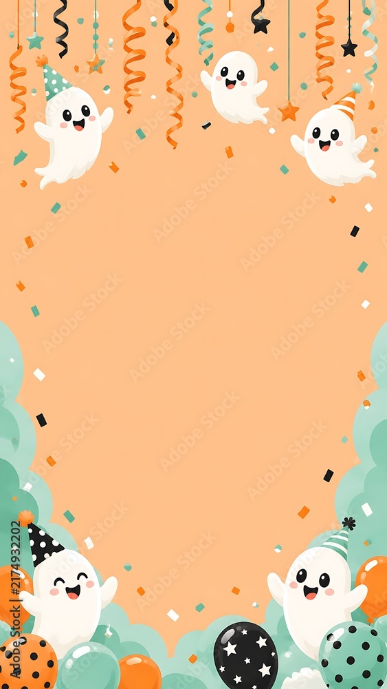 Fototapeta premium Cute Halloween party background with adorable ghosts, colorful balloons, streamer decorations and empty copy space for text.