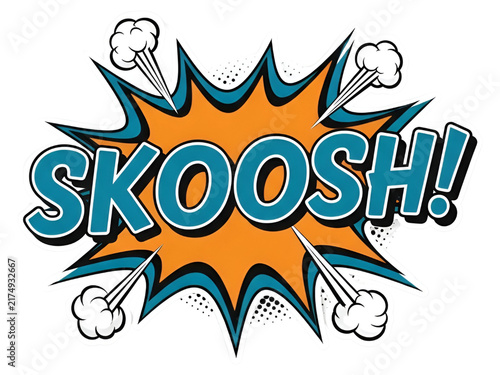 Retro comic book skoosh sound effect, vintage pop art explosion bubble, orange and blue halftone action burst graphic isolated on Transparent Background
