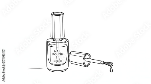 Minimalist one line drawing of a clear nail polish bottle with detached cap and brush, single drop of polish falling, black and white beauty product sketch on white background
