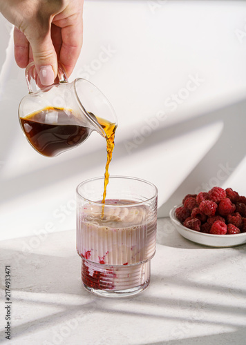 Latte with fresh raspberries and milk