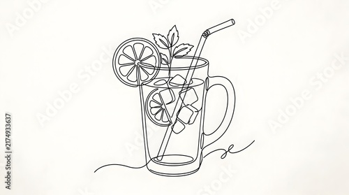 Iced drink glass line art with lemon slices and mint leaves, summer refreshment illustration