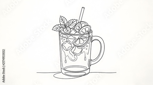 Iced drink glass line art with lemon slices and mint leaves, summer refreshment illustration