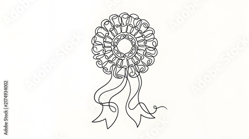 Rosette ribbon line art award badge with star center, winner recognition and achievement illustration