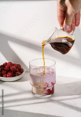 Latte with fresh raspberries and milk