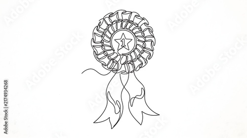 Rosette ribbon line art award badge with star center, winner recognition and achievement illustration