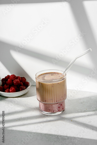Latte with fresh raspberries and milk