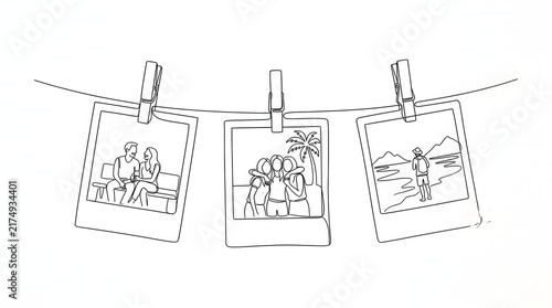 Polaroid pictures hanging on string line art, travel and family memories scrapbook illustration