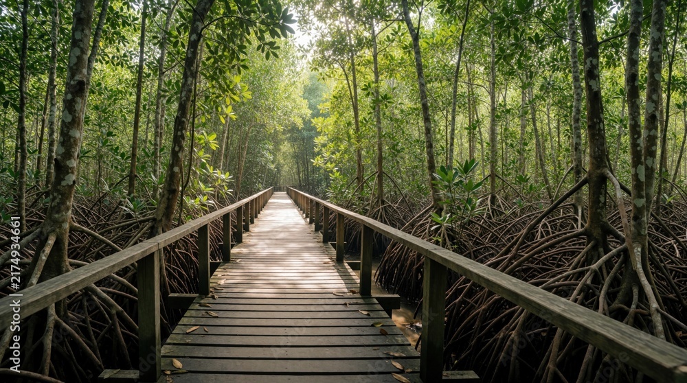Obraz premium Wooden walkway leads through Jozani mangrove forest in Zanzibar. Narrow bridge crosses tropical jungle with dense roots, green trees. Nature path offers eco tourism experience in African mangrove
