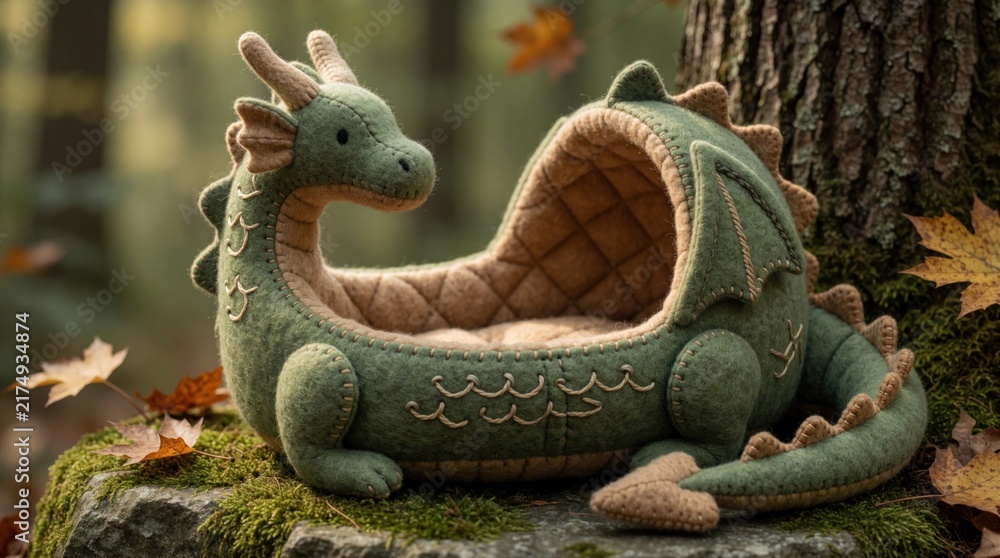 Naklejka premium Handmade green dragon shaped plush toy nest rests on mossy rock. Autumn leaves and tree bark surround the cute fabric creature. Soft fantasy item.