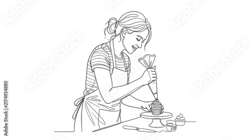 Cupcake decorating line art of woman using piping bag with frosting, pastry and dessert illustration